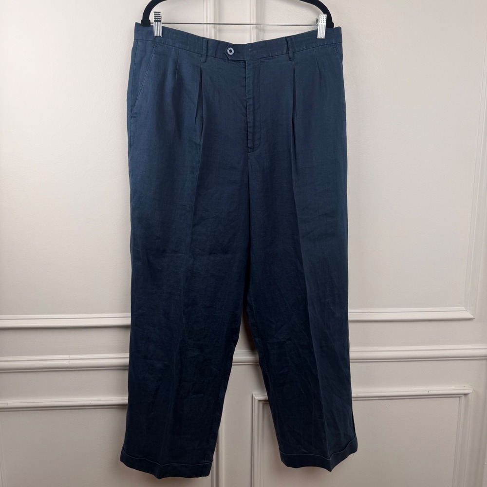 New Gen Mens Navy Blue Pleated Linen Trousers Straight Leg Cuffed Pants 38x34